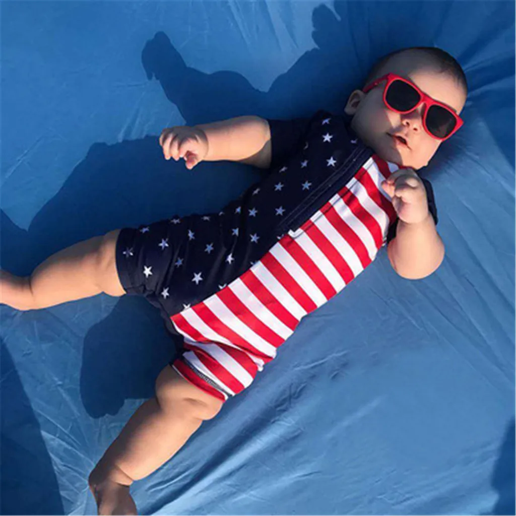 Boy Girl Summer Beachwear 2020 Short Sleeve Bikini 4th of July Flag Pattern One-Piece Swimsuit Children Pool Beach Bathing Suits | Детская