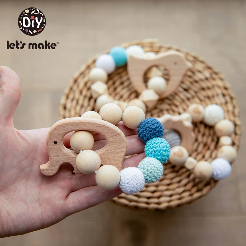 Safe Silicone Teething Bracelet Crochet Beads Wood Ring Baby Rattle Teether Toys 