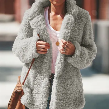 

Women Thick Warm Pocket Fleece Coat Loose Casual Outwear Winter Soft Solid Color Female Covered Button Jacket