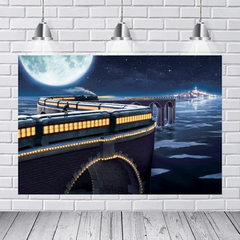 

Background Photography Night Moon Polar Express Train Track Bridge Custom Photo Studio Backdrop Background Vinyl