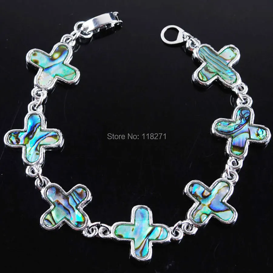 

Free shipping Green New Zealand Abalone Shell Beads Cross Bracelet 7 " Charm Jewelry PK1750
