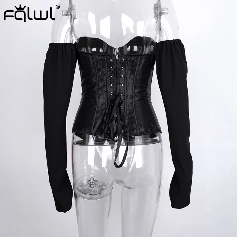 FQLWL белая черная атласная Сексуальная Блузка с открытыми плечами женская рубашка с длинным рукавом с открытой спиной облегающая шифоновая блузка женские блузки