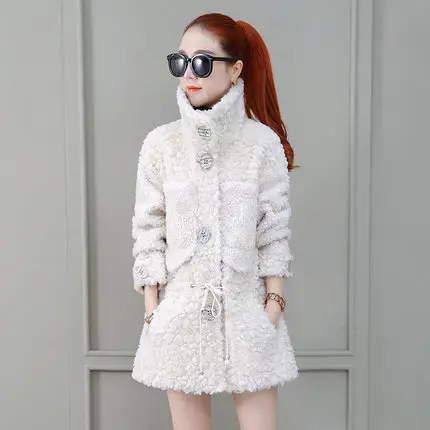off-white Меховое пальто средней длины для женщин, Осень-зима, новинка, корейские гранулы, овечья шерсть, пальто для женщин, модное толстое теплое Женское пальто - Цвет: off-white