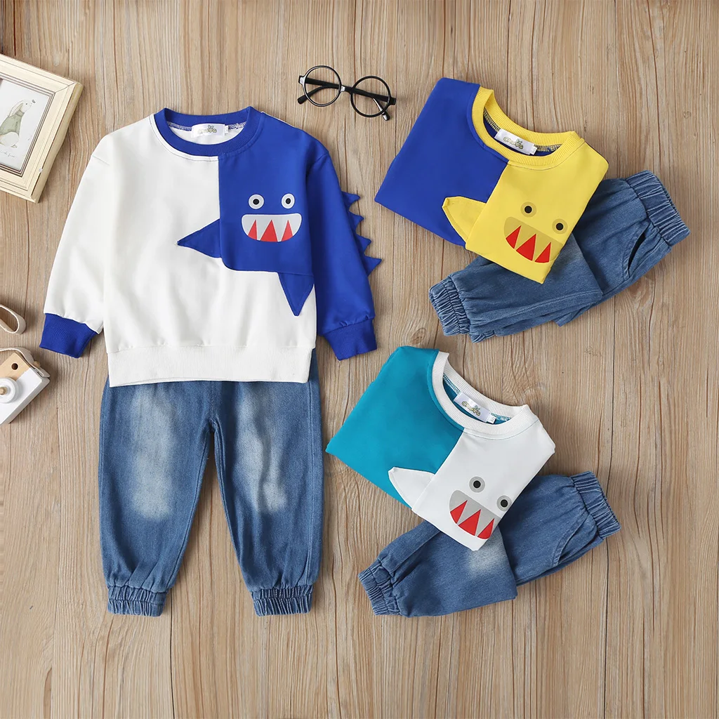 Children's autumn suit Baby boy long sleeve cartoon fashion 2 piece set new children's jeans suit Selling