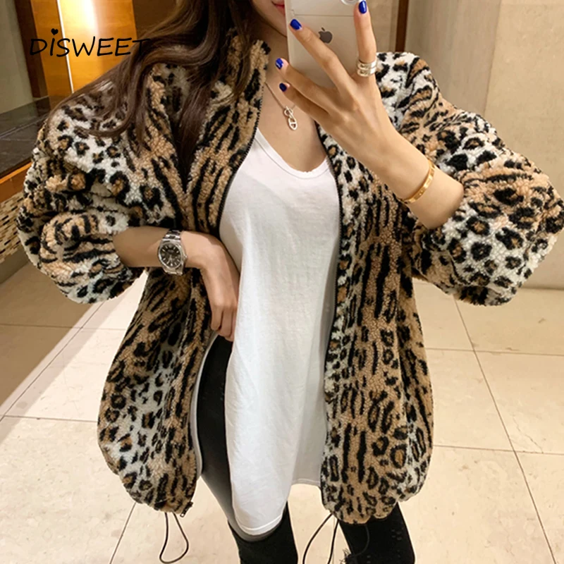 Модная плюшевая куртка с леопардовым принтом, Женская Корейская свободная теплая Женская куртка с длинным рукавом, Новая повседневная