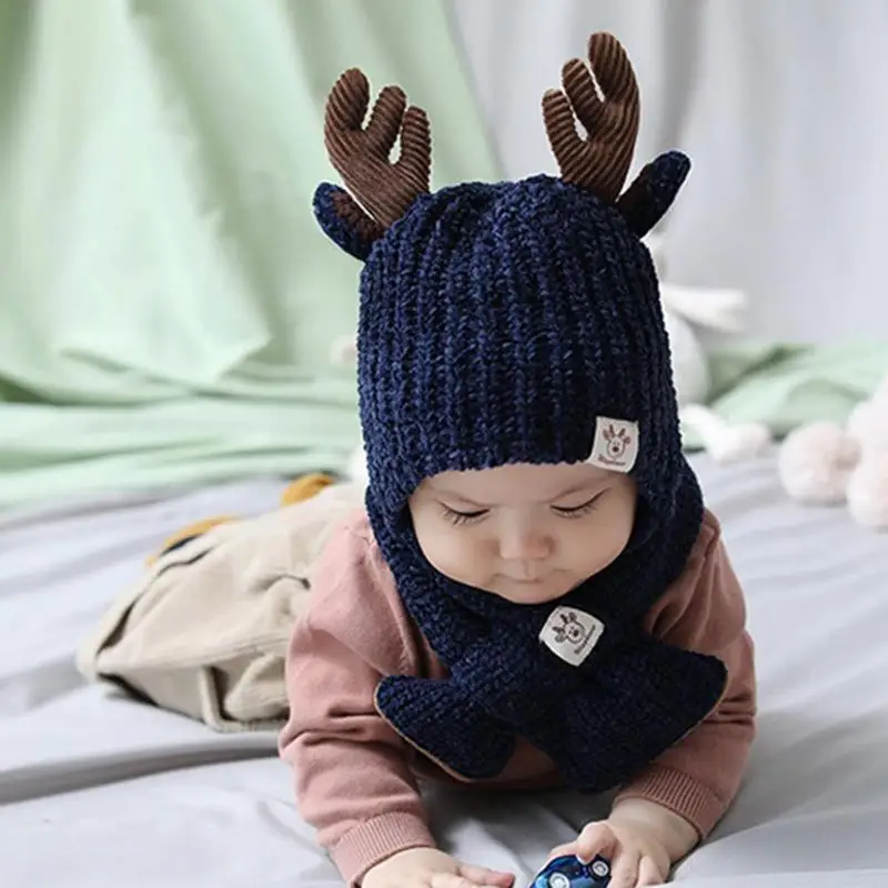 Newborn Baby Winter Warm Cap Scarf Set Cute Knitted Antlers Neck Warmer Cap Suit Infants Protect Boy Girl Kids Hat and Scarf Set