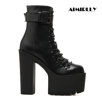 

Women's Martin Boots Lace up Combat Motorcycle Ankle Boots Platform Buckle Strap Shoes Female Round Toe High Heels Spring Autumn