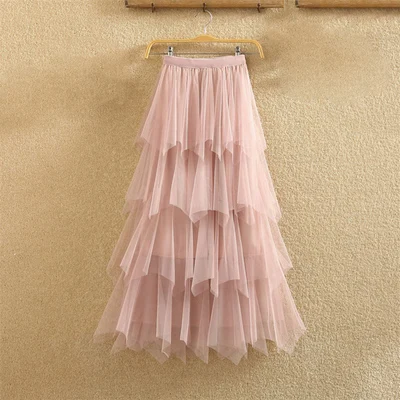 2-pink Женские Асимметричные тюлевые юбки, модная эластичная сетчатая юбка-пачка со складками, Длинная Юбка-миди Saias Faldas Jupe Femmle - Цвет: 2-pink