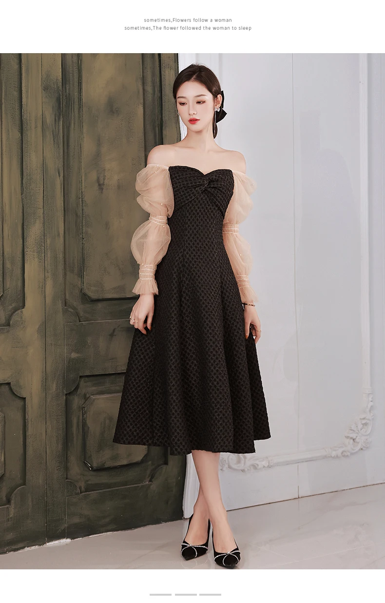 Black Banquet Evening Dresses 2022 New Temperament Birthday Party Dress Vintage Square Collar Long Sleeve A-Line Dress evening gowns with sleeves