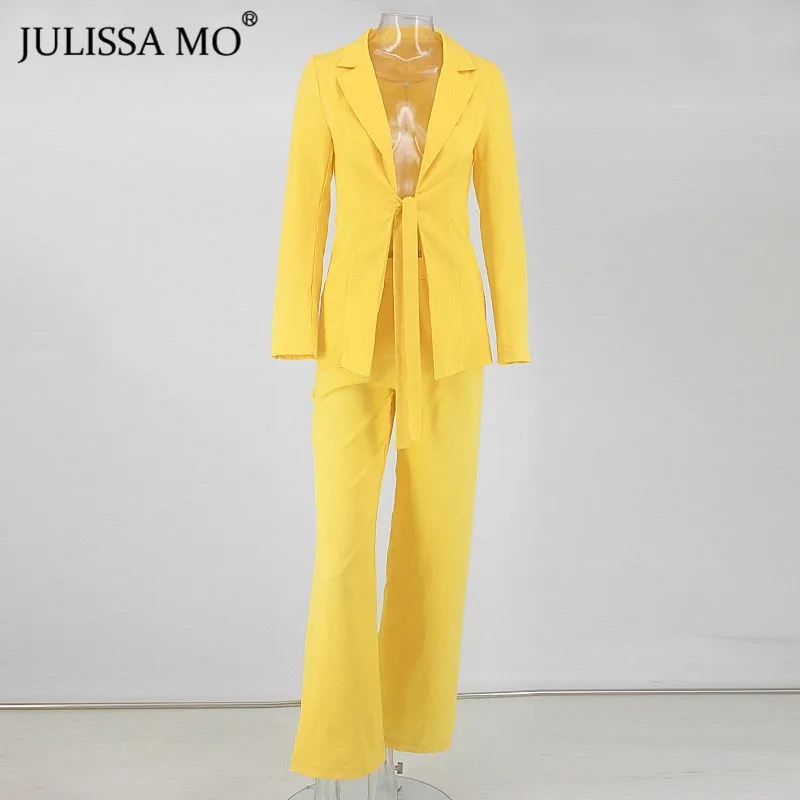 Julissa mo розовый Офис Леди Блейзер Костюмы для женщин осень зима из двух частей куртка длинные брюки комплект мода на шнуровке бизнес наряды