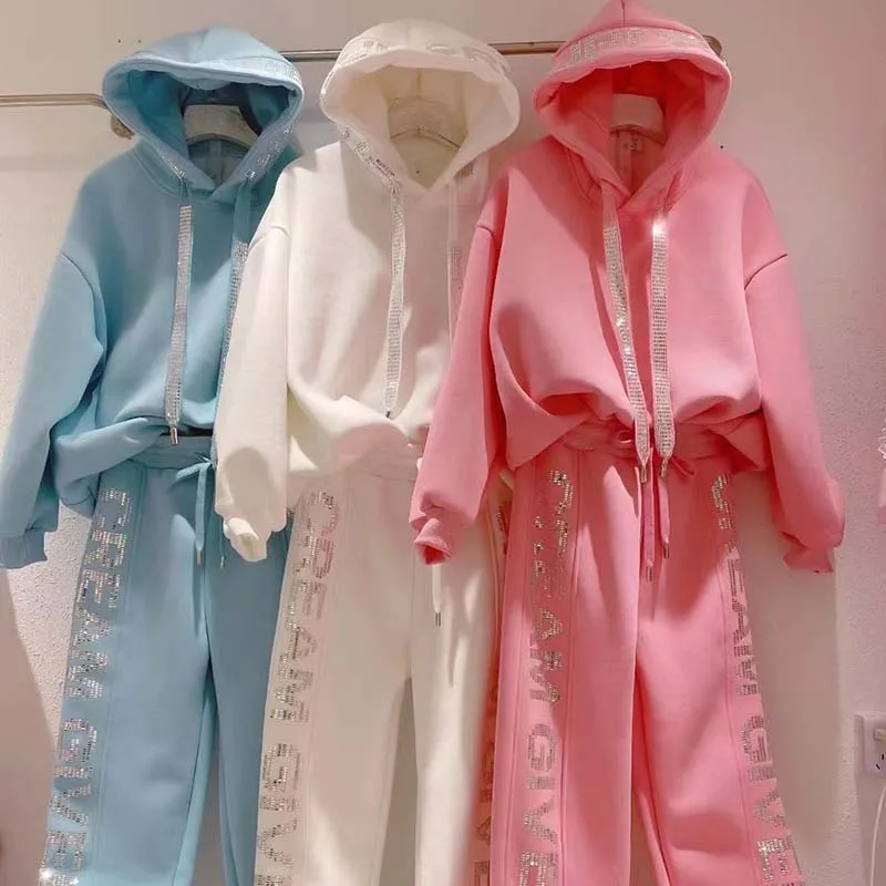 Women TrackSuit Rhinestone Letters Velvet Padded Hooded Sweatshirt+Casual Sport Pants Loose Fashion Pink Two-Piece Sets Winter white short suit set