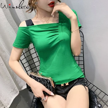 

Summer Korean Clothes Fashion Sexy Patchwork Hollow Out Fold T-shirt Women Tops Ropa Mujer Bottoming Shirt All MatchTees T07414