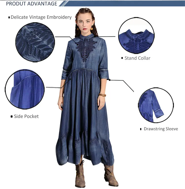 Женское платье Yuzi. may Boho, новые джинсовые женские платья со стоячим воротником, винтажная вышивка, рукав до локтя, Vestidos A82190 Vestido