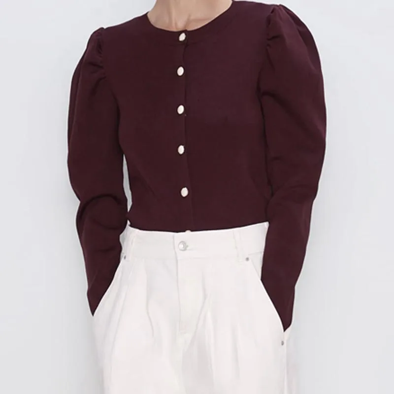 

MY477 European Design Elegant Solid Color Puff Sleeve Buttons Deco Slim Cardigan Women Brief Sweater