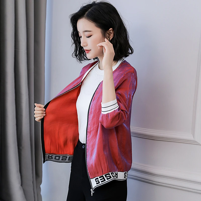 

Korean Silk Women Jacket Autumn Short Womens Jackets and Coats Plus Size XXXL/4XL Pink Female Jacket Oversized Jacket
