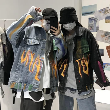 

Graffiti Hip Hop Denim Jacket Men's Fashion Print Casual Loose Bomber Jacket Men Streetwear Wild Couple Jackets Outwear Mens