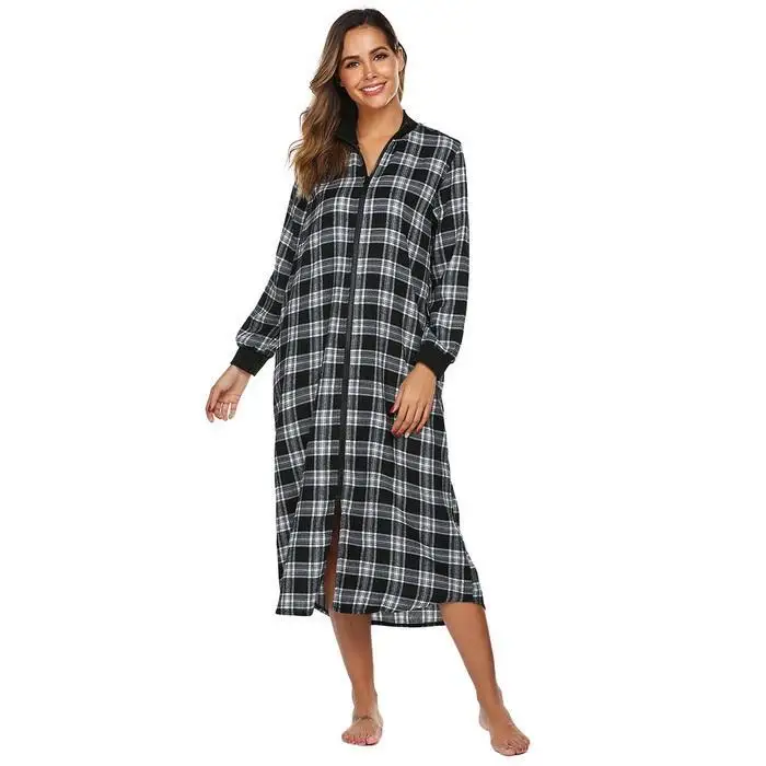 Ekouaer женский осенне-зимний халат с круглым вырезом на молнии, халаты, клетчатое платье для отдыха, женский длинный халат, платье для сна