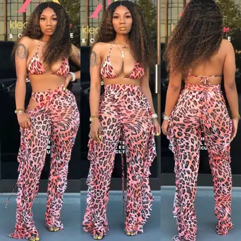 

Women Two Pieces Oufit Set Floral Crop Top Bodycon Trousers Halter Backless Hollow Out Leopard Print Jumpsuit Playsuit
