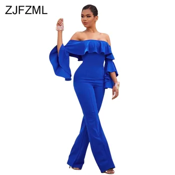 

Ruffle Spliced Summer One Piece Bodysuit Women Cold Shoulder Backless Straight Jumpsuit Fashion Slash Neck Flare Sleeve Playsuit