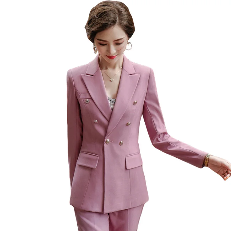 Женский блейзер с карманами приталенный двубортный пиджак розового и черного