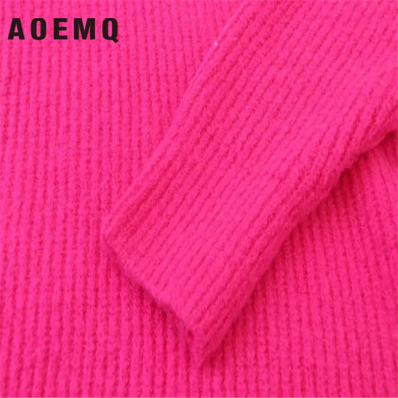 AOEMQ осень и зима длинный сплошной цвет толстый свитер вязаный флуоресцентный Высокий воротник Свободный пуловер свитер женский
