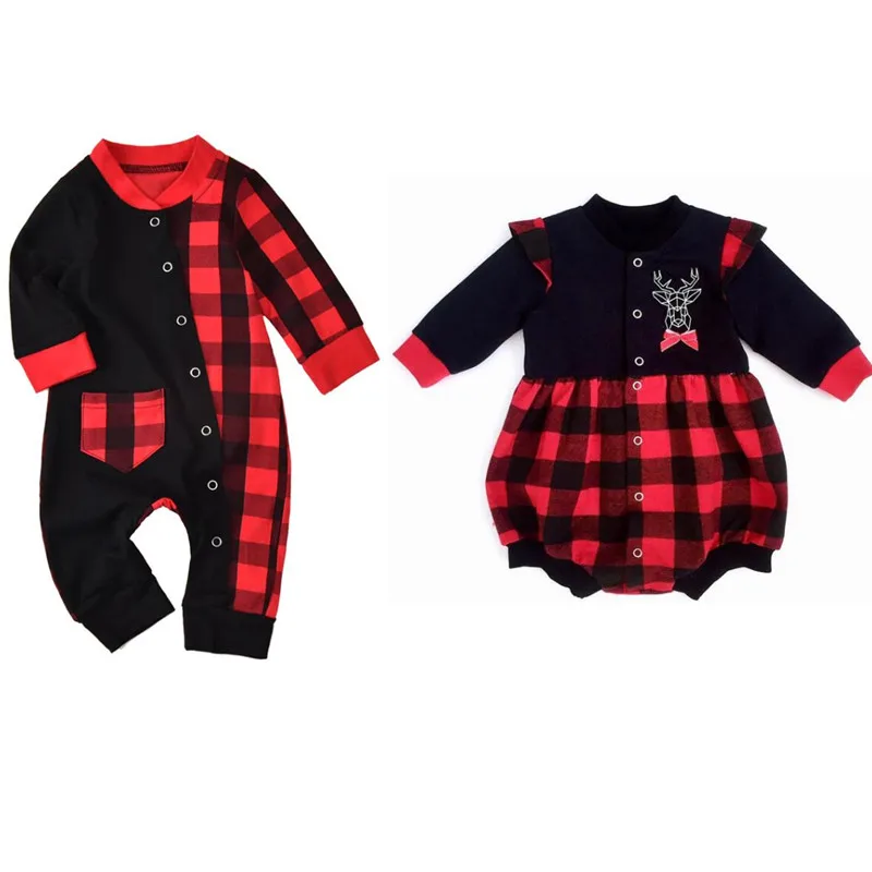 

Emmababy Newborn Toddler Baby Girls Christmas Romper Infant Baby Button Jumpsuit Clothes Outfits Red Plaid Playsuit 0-18 Months