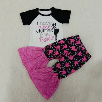 

Free Shipping Baby clothing sets girls short sleeve shirt bell bottoms pants fashion girls kids RTS milk silk outfits clothes