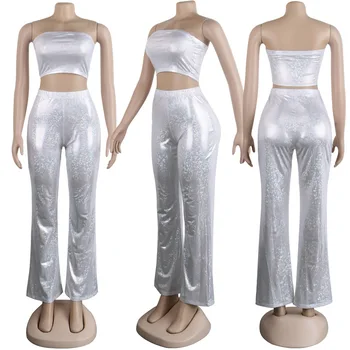 

New Woman Sexy Bling Off Shoulder Crop Top Sets Streetwear Gothic Flare Pants Bodycon Tops Casual Fashion Female Sets