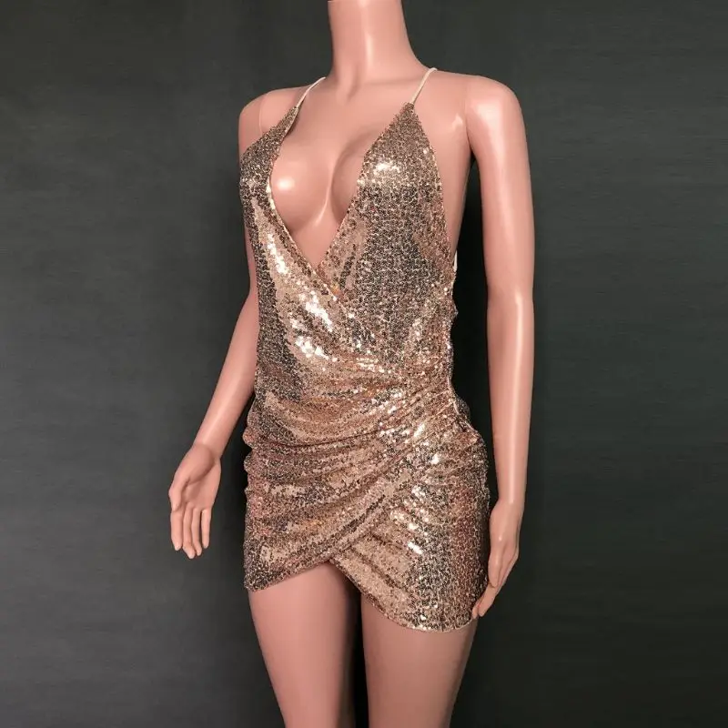 

2020 Sexy Sequined Club Party Deep V-Neck Spahetti Strap Mini Wrap Bodycon Dress High Quality