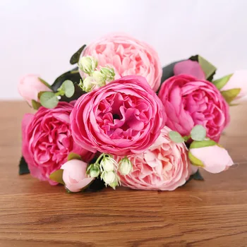 

30cm Rose Pink Silk Bouquet Peony Artificial Flowers 5 Big Heads 4 Small Bud Bride Wedding Roses Home Decore Fake Flowers Faux