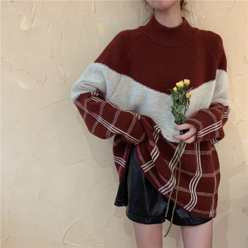 Winter Sweater Women's Plaid Stitching Half Turtleneck Sweater 2020 Spring Fashion Female Sweater Winter Sweater Women's Plaid Stitching Half Turtleneck Sweater 2020 Spring Fashion Female Sweater