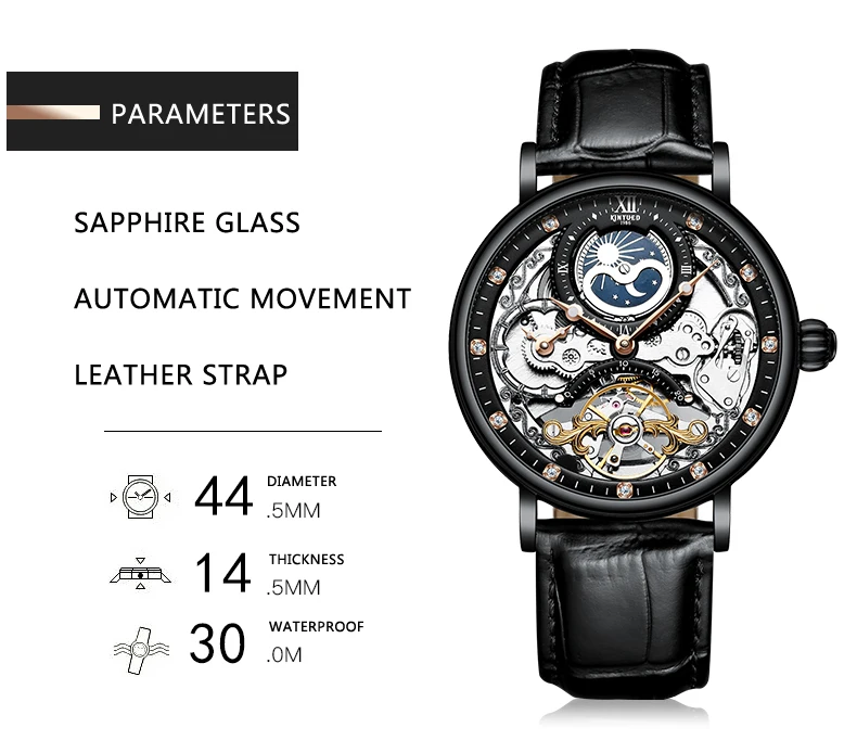 KINYUED, водонепроницаемые мужские Tourbillon часы с скелетом, лучший бренд, роскошные прозрачные механические часы с фазой Луны, спортивные мужские наручные часы