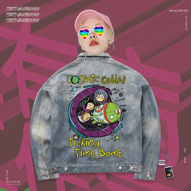Однобортная джинсовая куртка с героями мультфильмов; пальто больших размеров с принтом в стиле Oldschool; модный стиль для пар - Цвет: Smoke wave blue