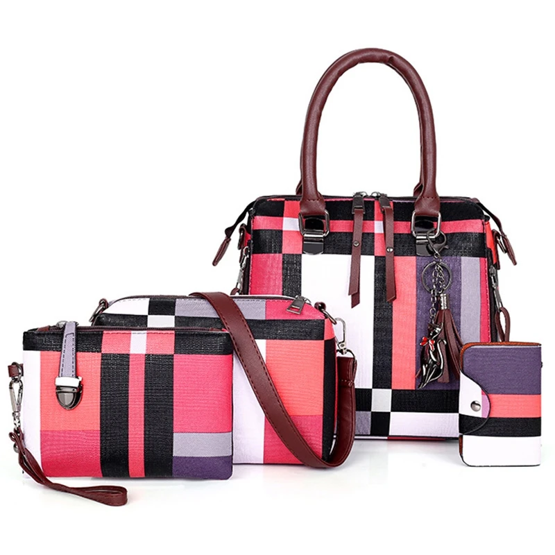 

Plaid Ladies Bag Tassel Wallet and Handbag Set 4 Pieces Female