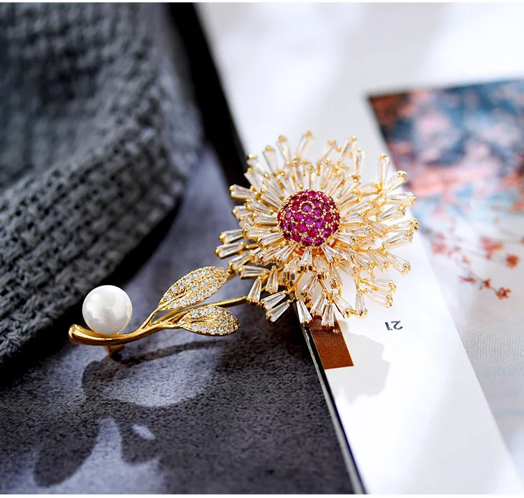 Luxury AAA Zircon Rose Sunflower Dandelion Brooches Pins Jewelry Rhinestone Cubic Zirconias Brooch for Women Wedding Bouquet Pin