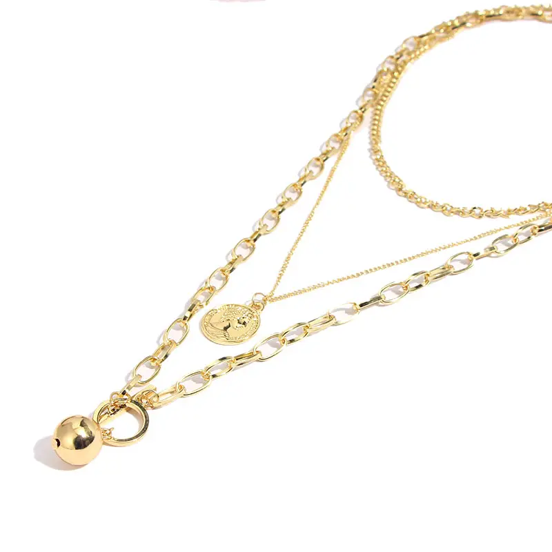 JUST FEEL Multi Layer Link Chain Choker Necklace Women Vintage Gold Color Round Coin Pendant Necklaces Statement Jewelry Gifts