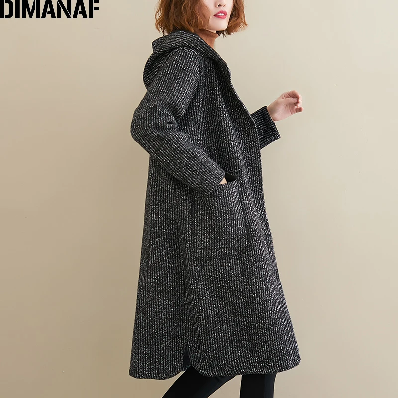 DIMANAF размера плюс, зимняя женская куртка, пальто в винтажном стиле, в полоску, шерсть и смесь, утепленная одежда, женская верхняя одежда, Свободное пальто с капюшоном