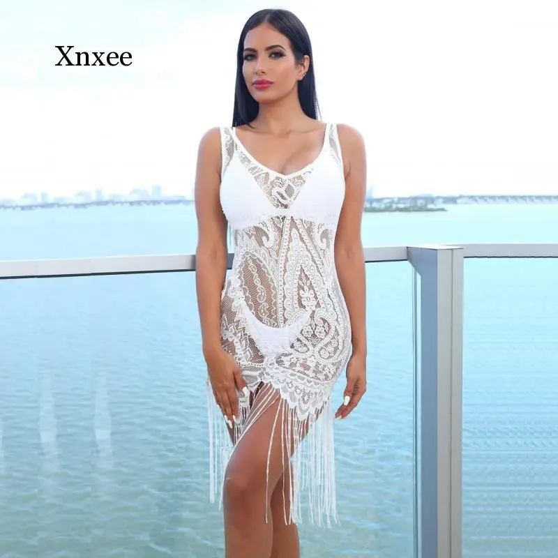 

Summer Women's Sexy Lace Ladies Mid-Length Dress Sleeveless Hollow Fringe Tassel Cover Dress Mid-Beach Dress