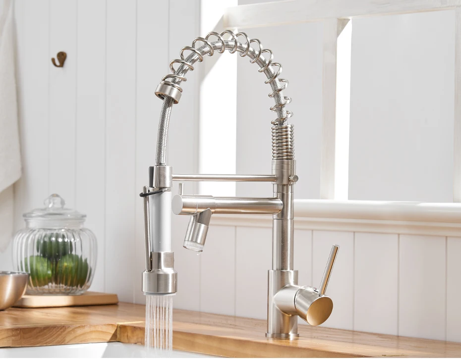 FLG Brushed Nickel Kitchen Faucets High Quality Brass Faucet Pull Out LED Kitchen Taps Hot and Cold Water Swivel Sink Mixer Tap