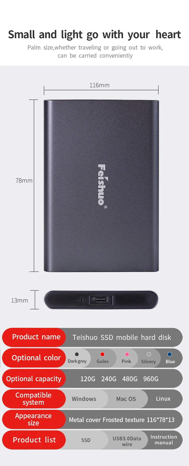 ssd portátil para o portátil com tipo c usb 3.1