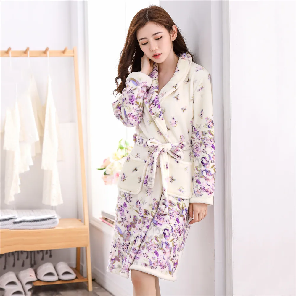 

Exquisite Flower Winter Women Sleepwear Kimono Robe Gown Keep Warm Flannel Nightwear Homewear Casual Soft Bath Gown Plus Size