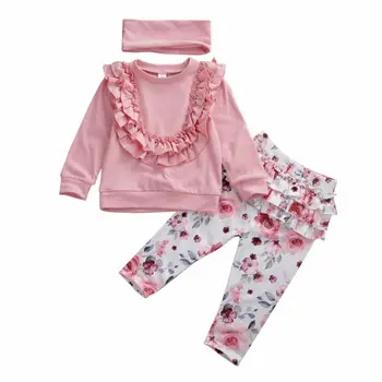 

Flower Baby Girls Outfits Ruffle T-shirt Tops Pants Trousers Headband Clothes Floral Suit