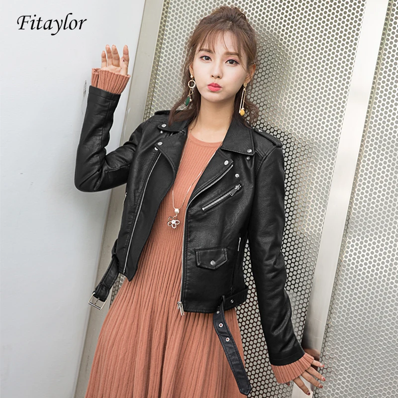 Fitaylor Women Faux Soft Leather Jacket Autumn Pu Leather Motorcycle