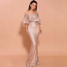 Розовое Золото Русалка Длинные вечерние платья с открытыми плечами блестками официальное с короткими рукавами вечернее платье YSAN215