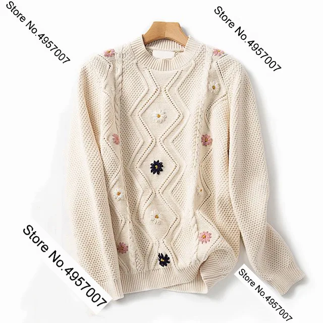 Elfbop хлопковый ажурный геометрический вязаный лоскутный свитер Топ-Женский новейший скрученный вязаный 3d вязаный джемпер с цветочным узором - Цвет: Многоцветный