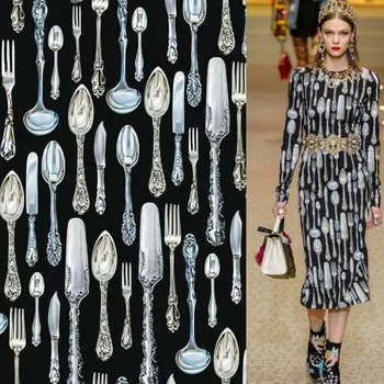

100x145cm Cutlery Print Knives and Forks Spoons Black Stretch Polyester Cady Linen Fabric for Woman Summer Dresses Blouse DIY