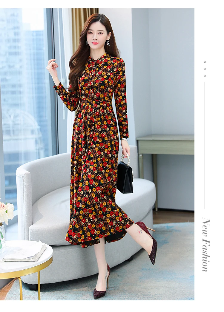 2021 Autumn New Arrival Hot Sale Stand Collar Flower Printed Long Sleeve Knitting Cotton A-LINE  Mid-Calf  Long Dress