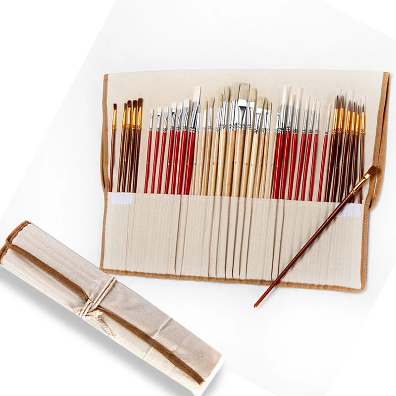 

38Pcs/Set Paint Brushes with Canvas Bag Case Long Wooden Handle Synthetic Hair Art Supplies for Oil Acrylic Watercolor Painting