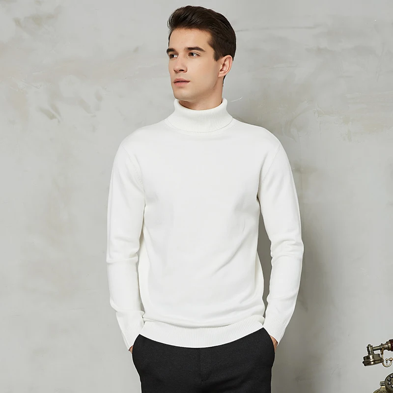 Winter Men's Turtleneck Sweater Thicken Warm Fashion Solid Color Youth Casual Soft 8-color Sweater Male Brand Clothes - Цвет: Белый