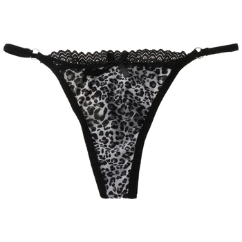 

Womens Sexy Low Rise Leopard Briefs Lingerie Hollow Out Lace Patchwork G-String Underwear Bowknot Front Ultra-Thin Thongs